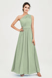 One Shoulder Chiffon Bridesmaid Dress Floor Length Ruched A Line Formal Evening Prom Gowns