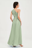 One Shoulder Chiffon Bridesmaid Dress Floor Length Ruched A Line Formal Evening Prom Gowns