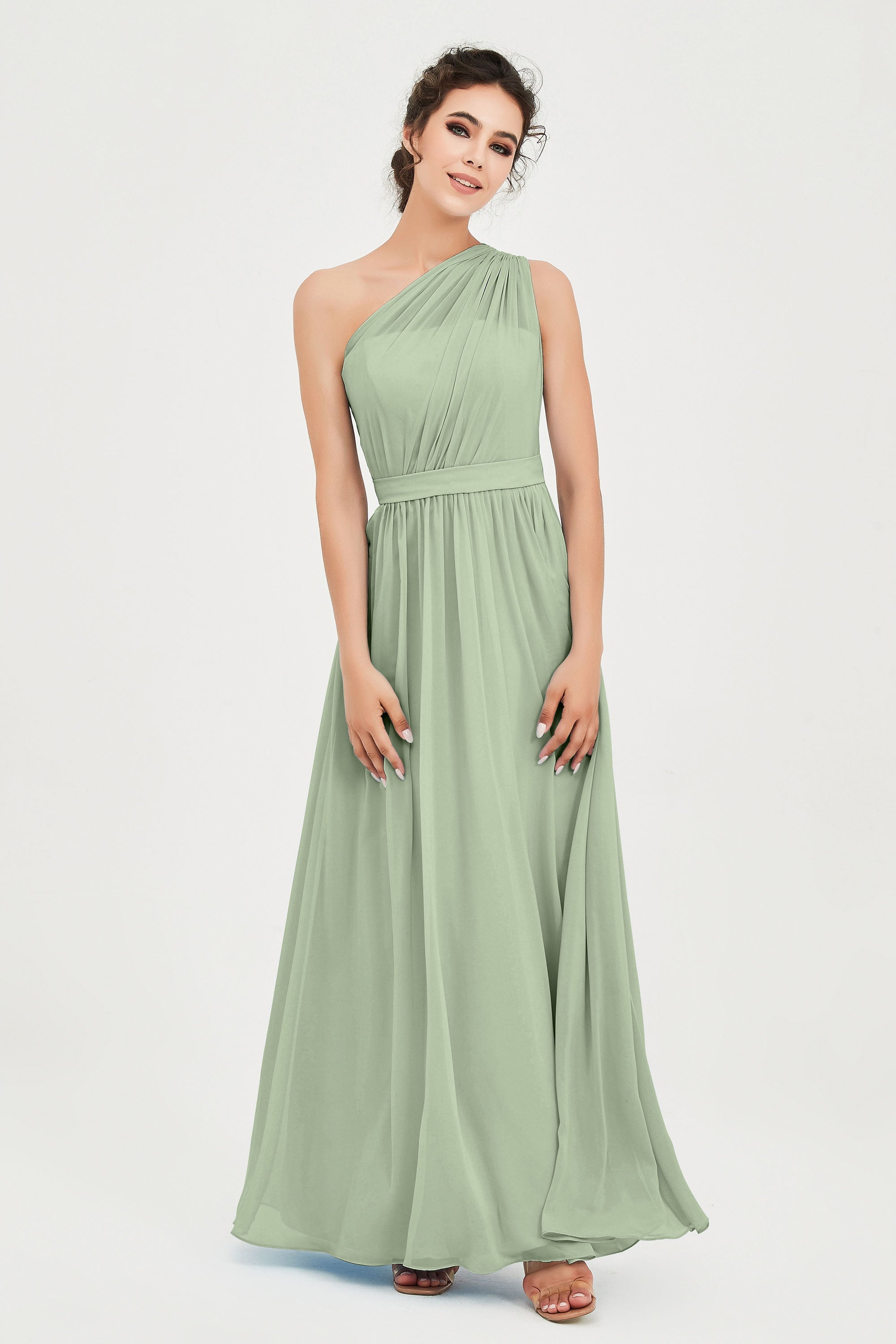 One Shoulder Chiffon Bridesmaid Dress Floor Length Ruched A Line Formal Evening Prom Gowns
