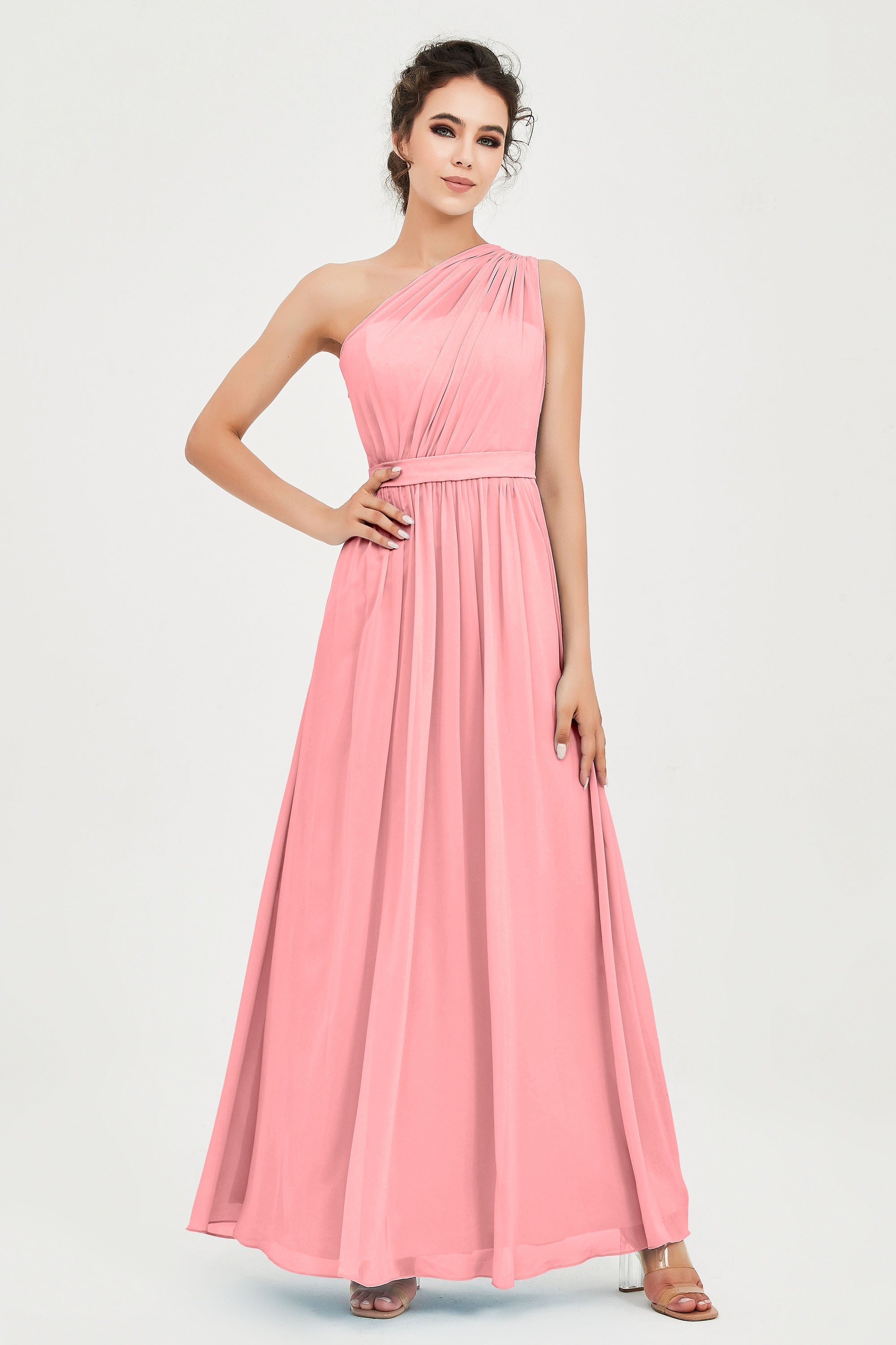 One Shoulder Chiffon Bridesmaid Dress Floor Length Ruched A Line Formal Evening Prom Gowns