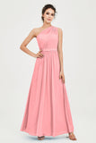 One Shoulder Chiffon Bridesmaid Dress Floor Length Ruched A Line Formal Evening Prom Gowns