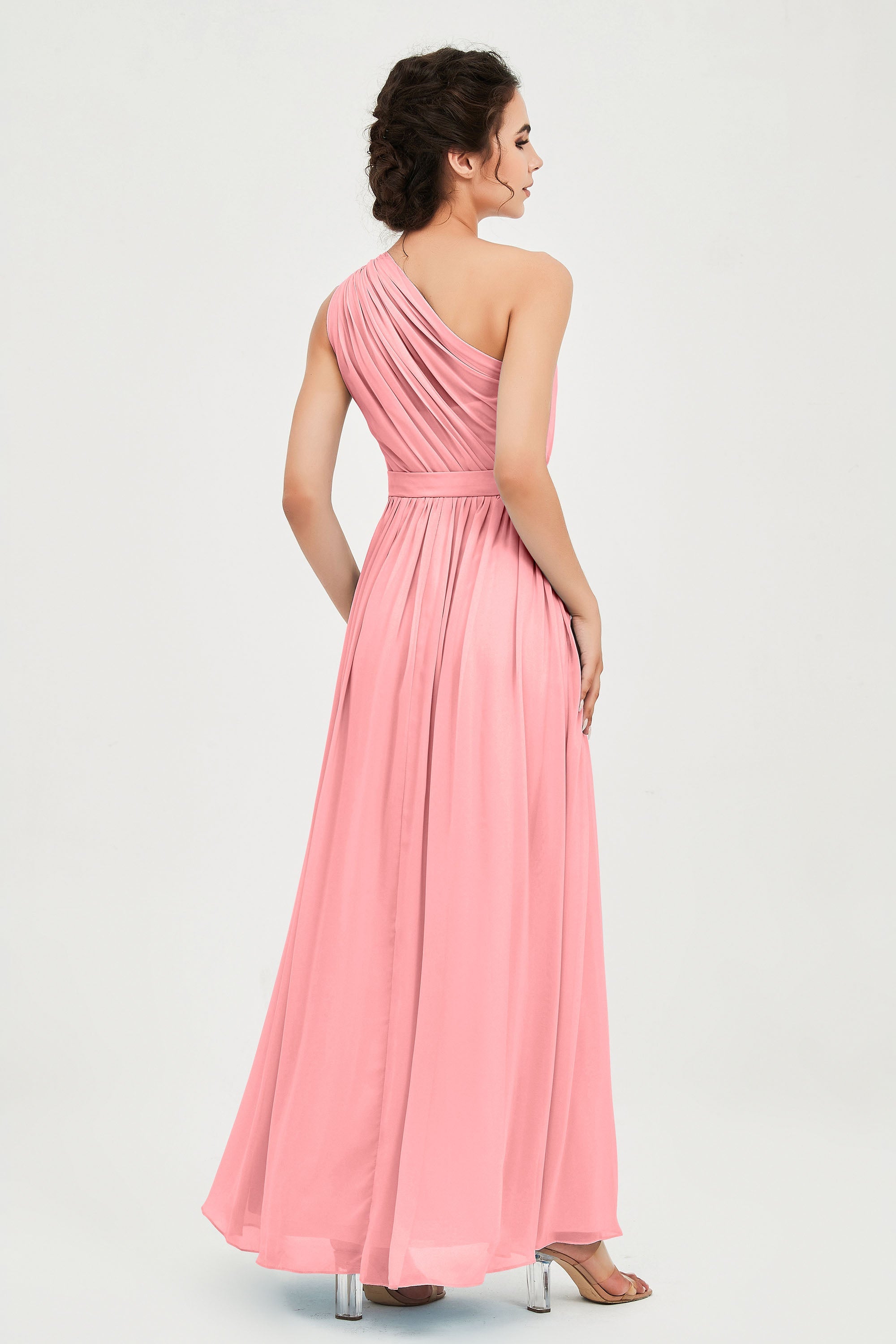 One Shoulder Chiffon Bridesmaid Dress Floor Length Ruched A Line Formal Evening Prom Gowns