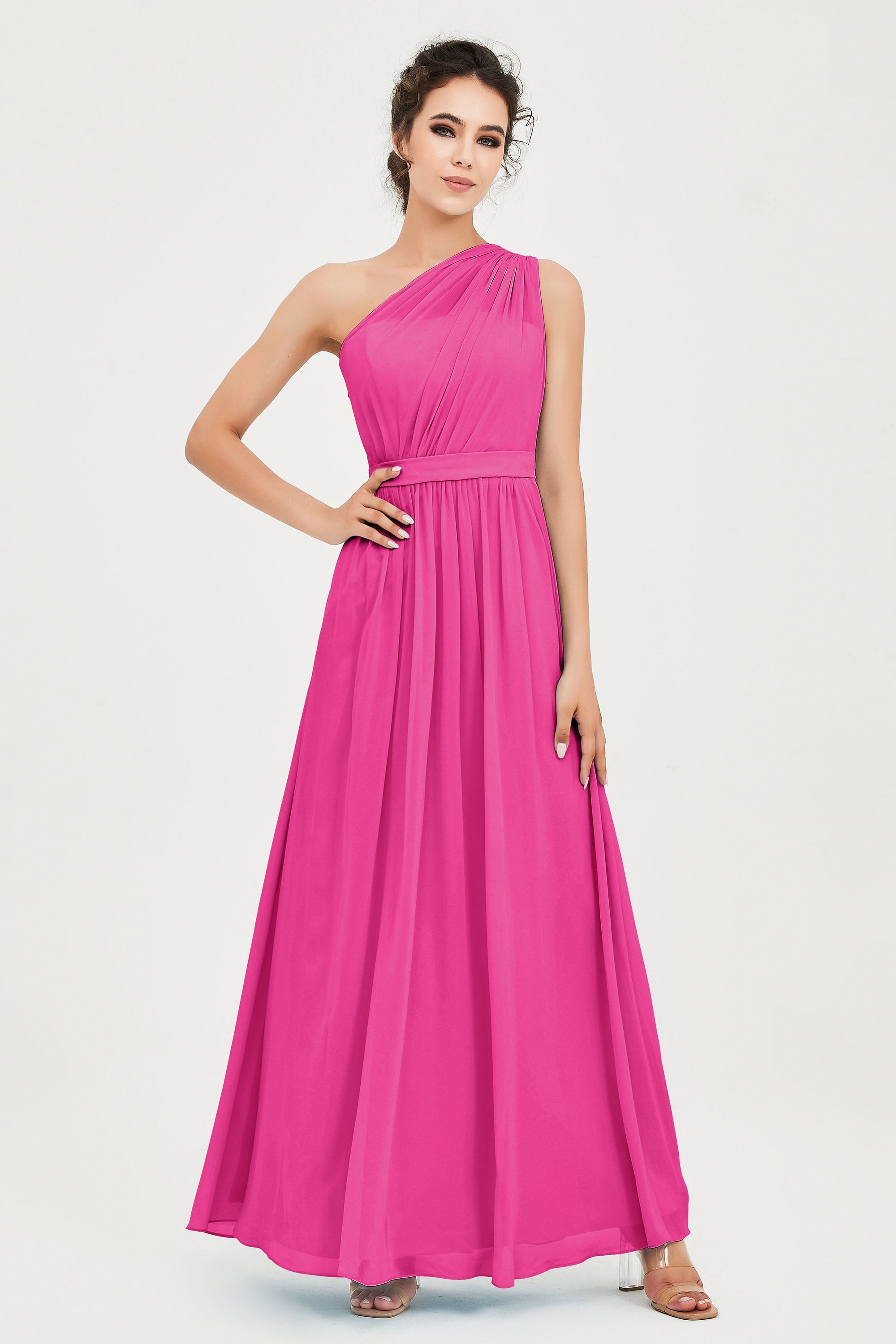 One Shoulder Chiffon Bridesmaid Dress Floor Length Ruched A Line Formal Evening Prom Gowns