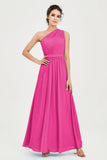 One Shoulder Chiffon Bridesmaid Dress Floor Length Ruched A Line Formal Evening Prom Gowns