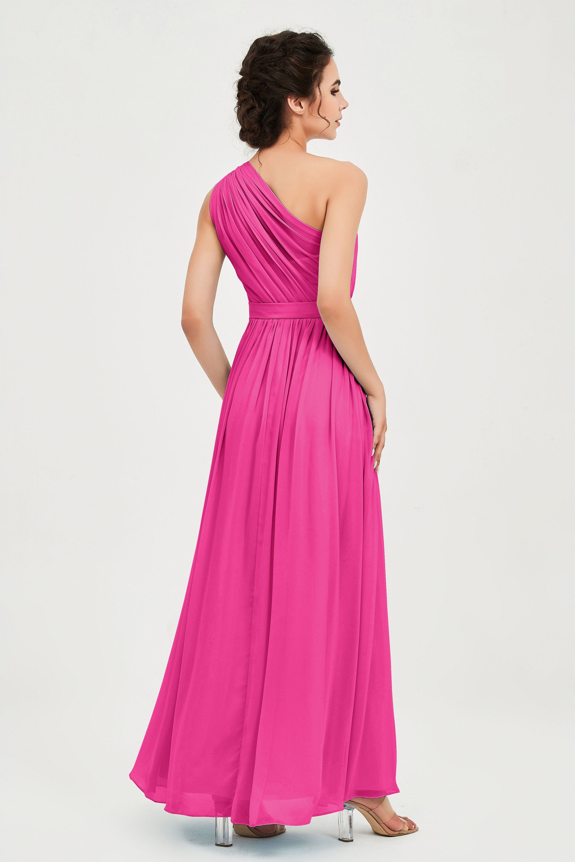 One Shoulder Chiffon Bridesmaid Dress Floor Length Ruched A Line Formal Evening Prom Gowns