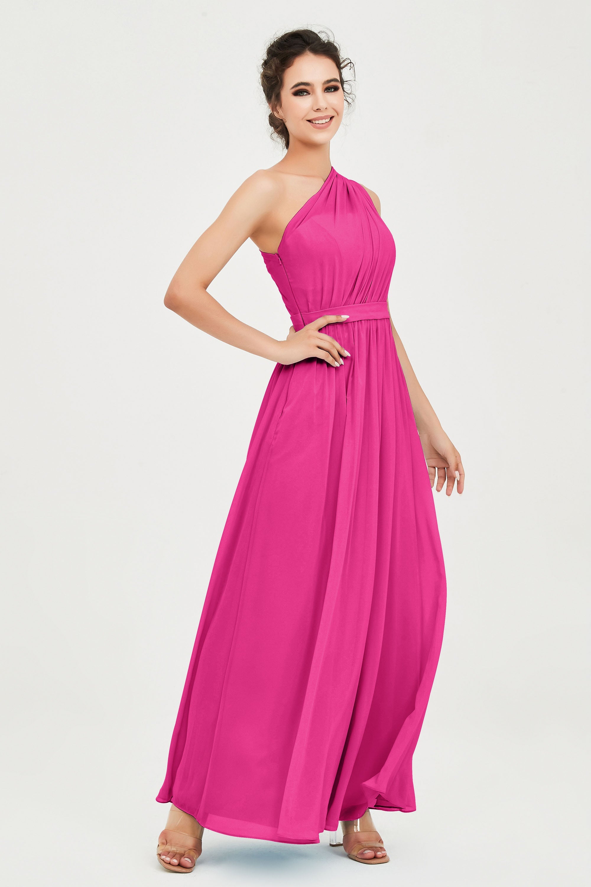 One Shoulder Chiffon Bridesmaid Dress Floor Length Ruched A Line Formal Evening Prom Gowns