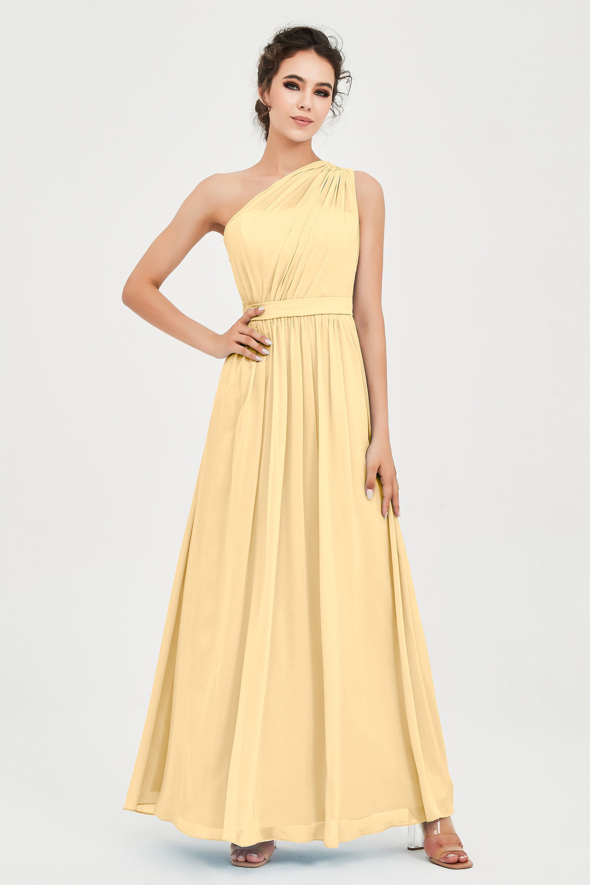 One Shoulder Chiffon Bridesmaid Dress Floor Length Ruched A Line Formal Evening Prom Gowns