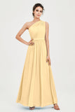 One Shoulder Chiffon Bridesmaid Dress Floor Length Ruched A Line Formal Evening Prom Gowns