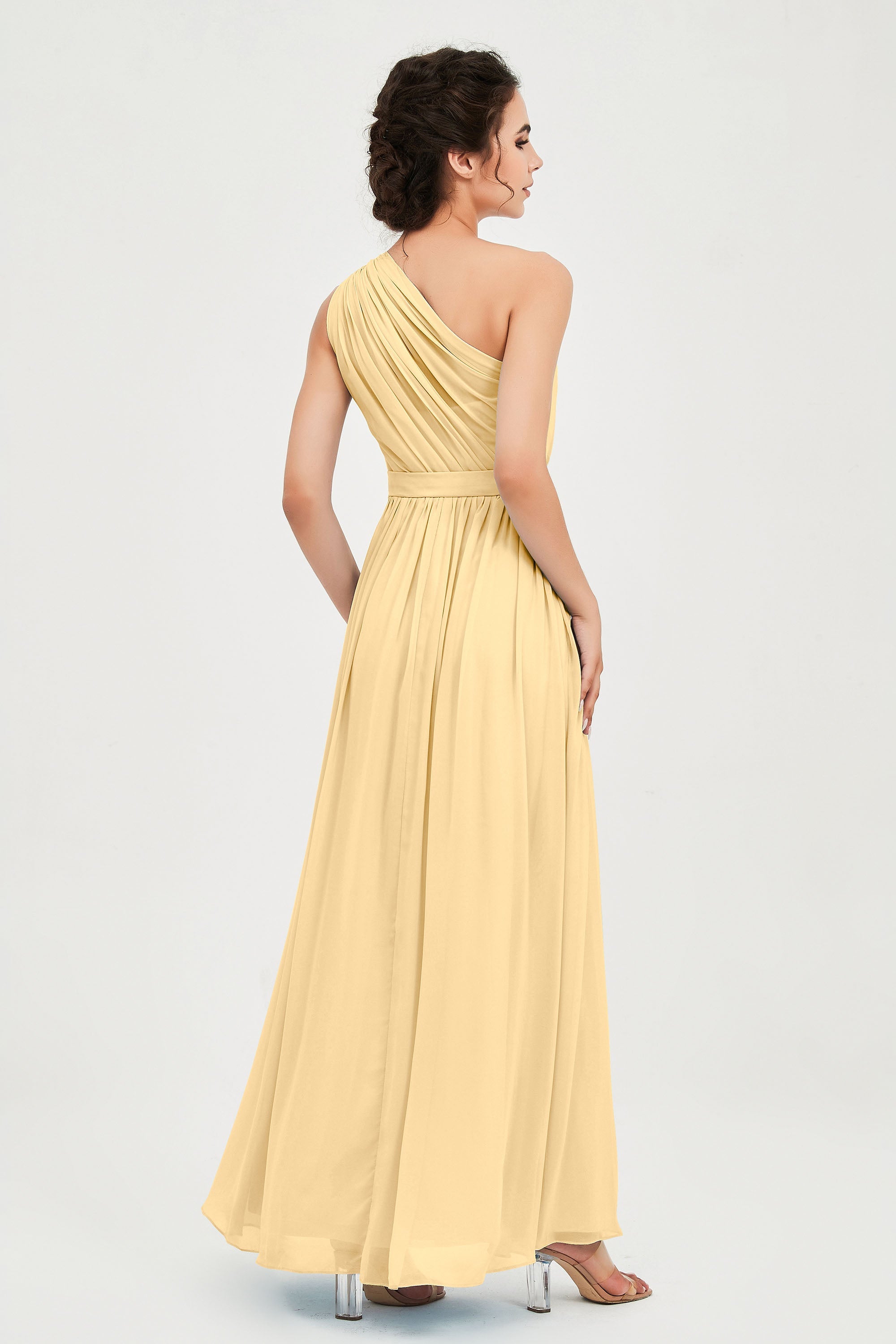 One Shoulder Chiffon Bridesmaid Dress Floor Length Ruched A Line Formal Evening Prom Gowns