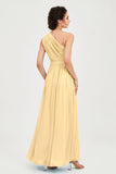 One Shoulder Chiffon Bridesmaid Dress Floor Length Ruched A Line Formal Evening Prom Gowns