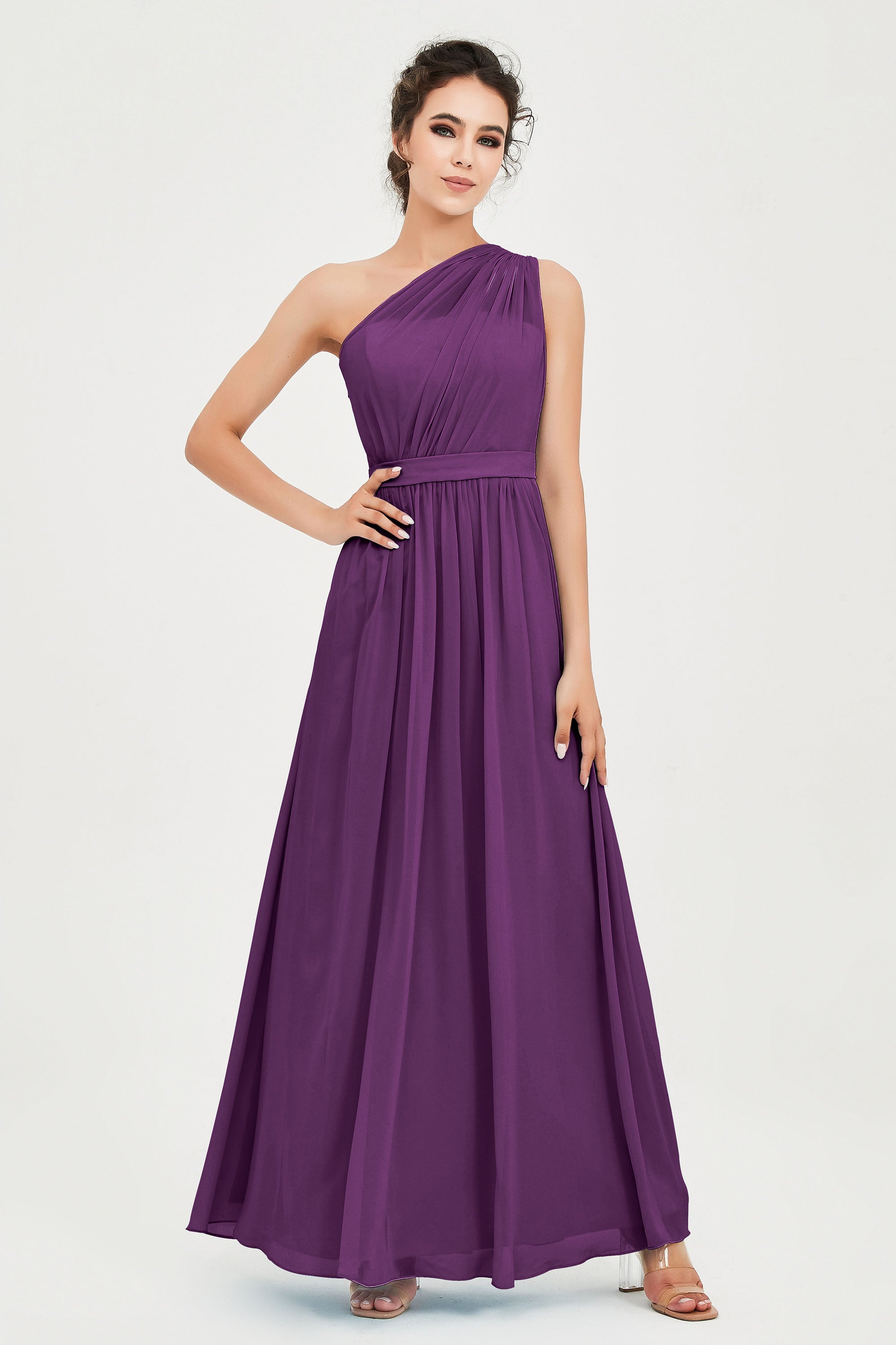 One Shoulder Chiffon Bridesmaid Dress Floor Length Ruched A Line Formal Evening Prom Gowns