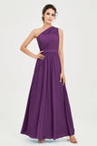 One Shoulder Chiffon Bridesmaid Dress Floor Length Ruched A Line Formal Evening Prom Gowns