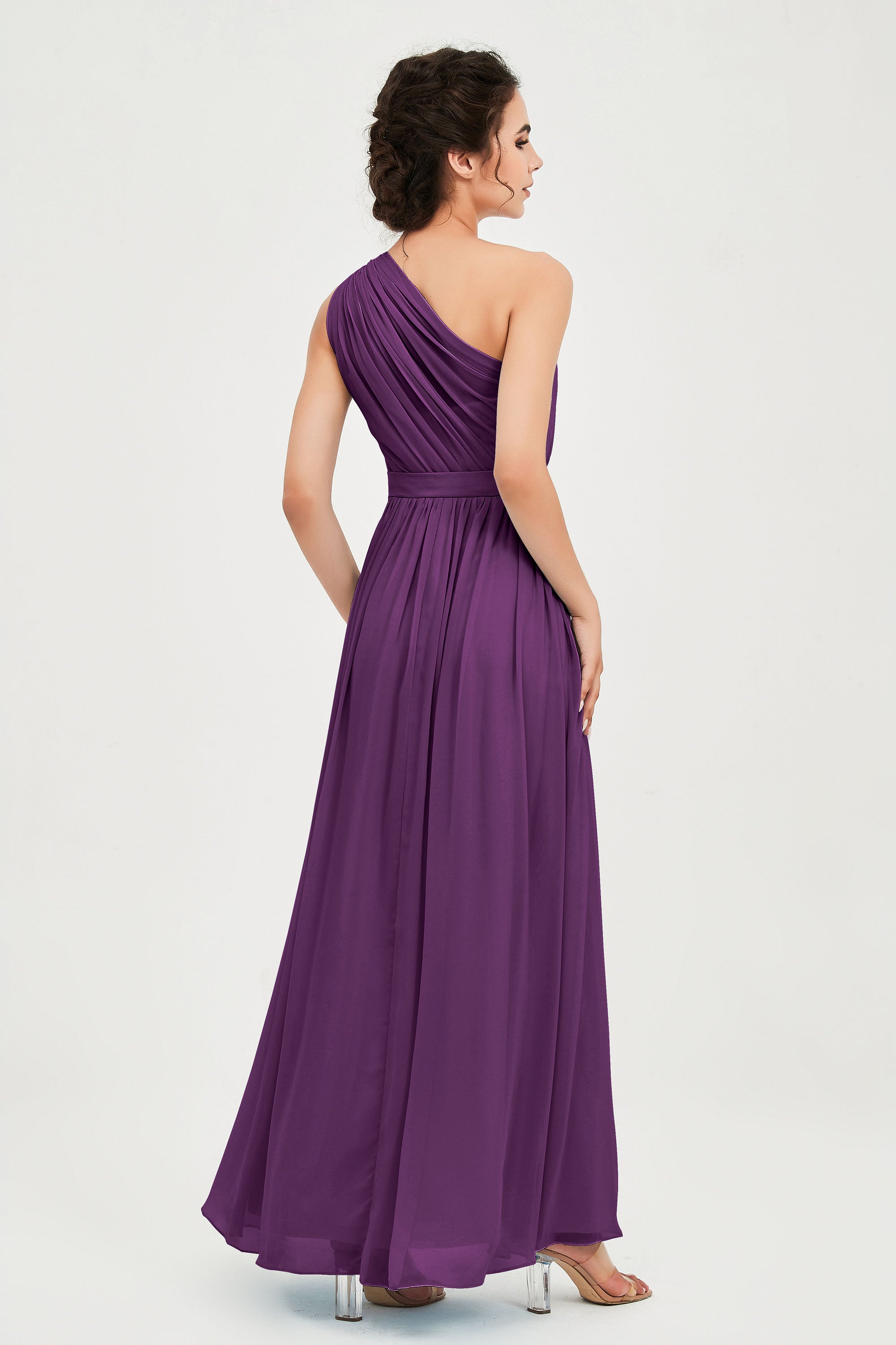 One Shoulder Chiffon Bridesmaid Dress Floor Length Ruched A Line Formal Evening Prom Gowns