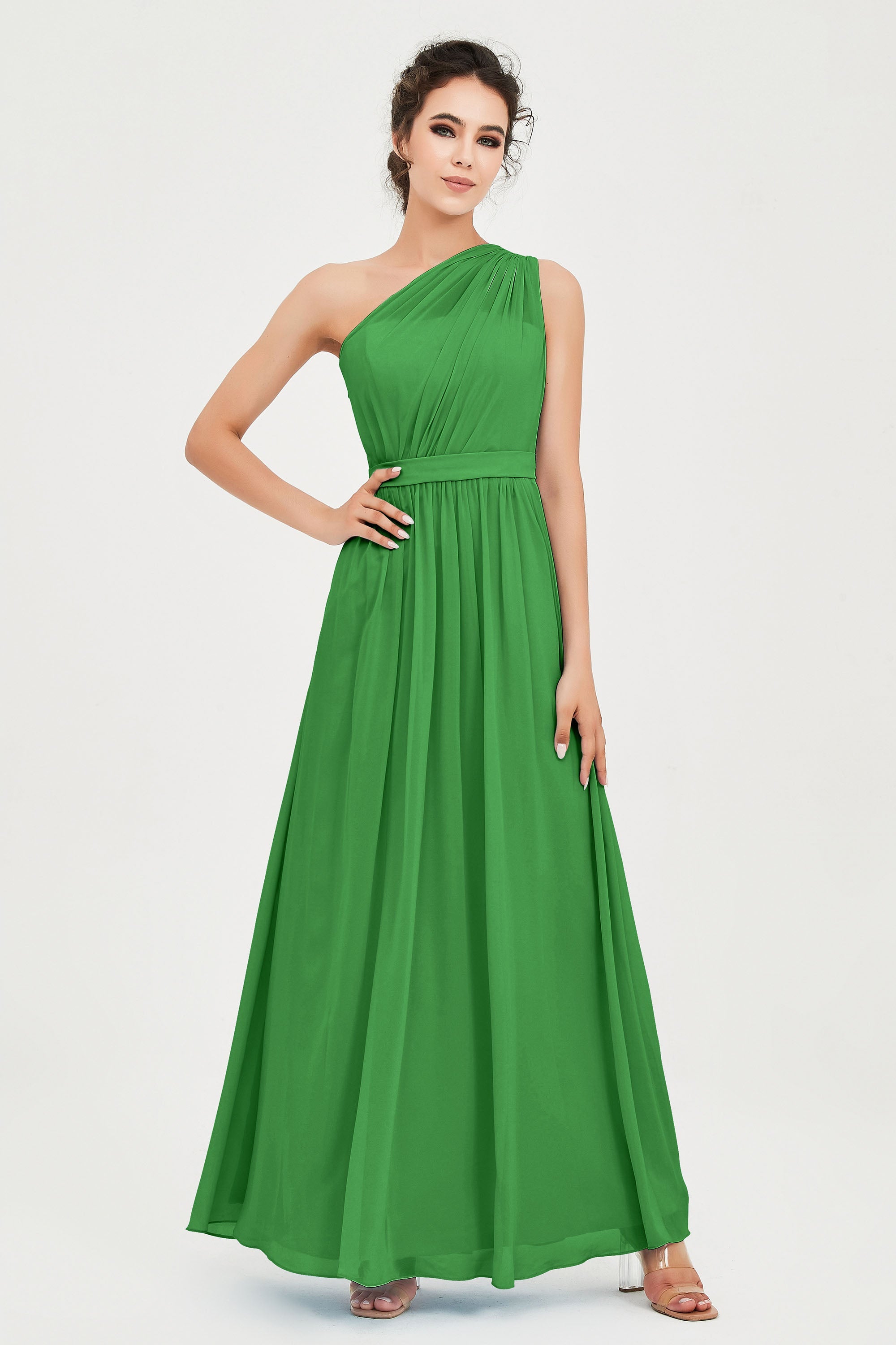 One Shoulder Chiffon Bridesmaid Dress Floor Length Ruched A Line Formal Evening Prom Gowns