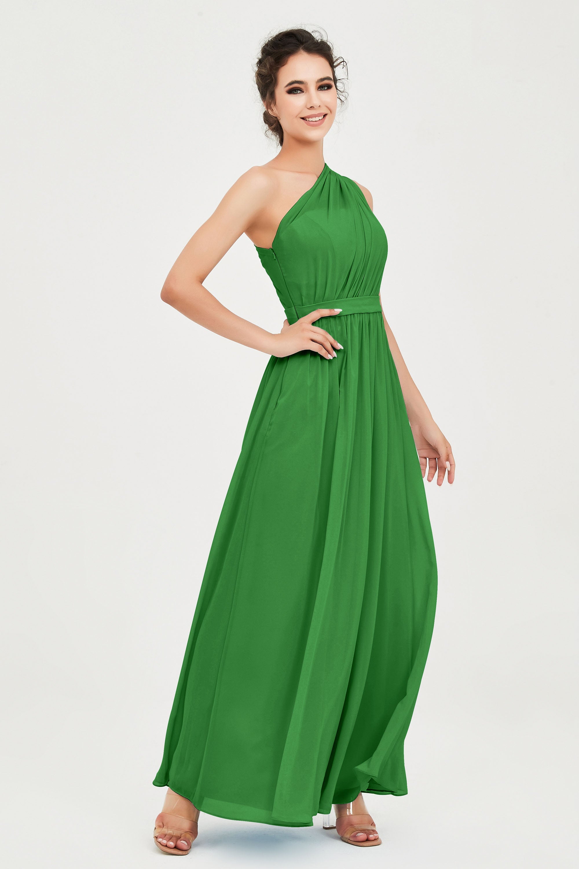 One Shoulder Chiffon Bridesmaid Dress Floor Length Ruched A Line Formal Evening Prom Gowns