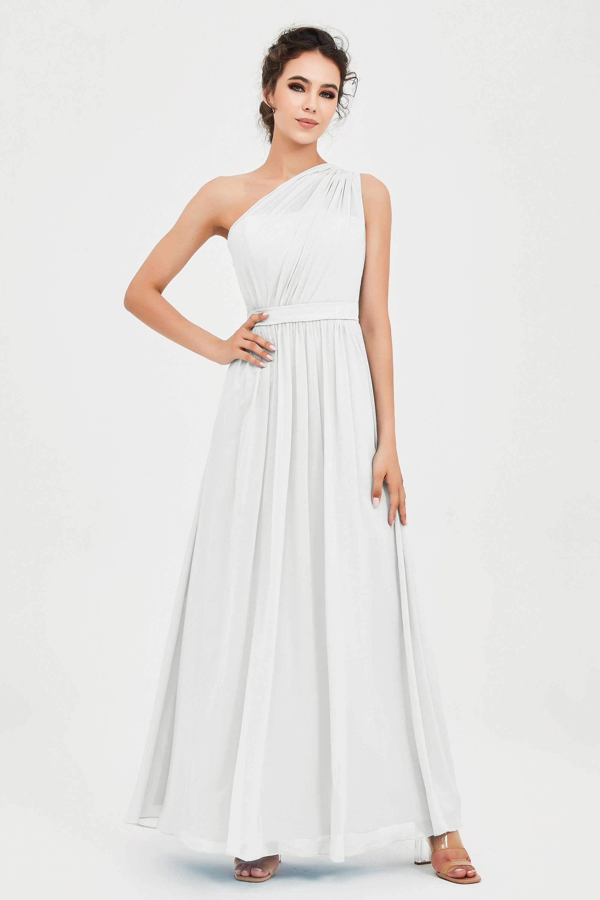 One Shoulder Chiffon Bridesmaid Dress Floor Length Ruched A Line Formal Evening Prom Gowns