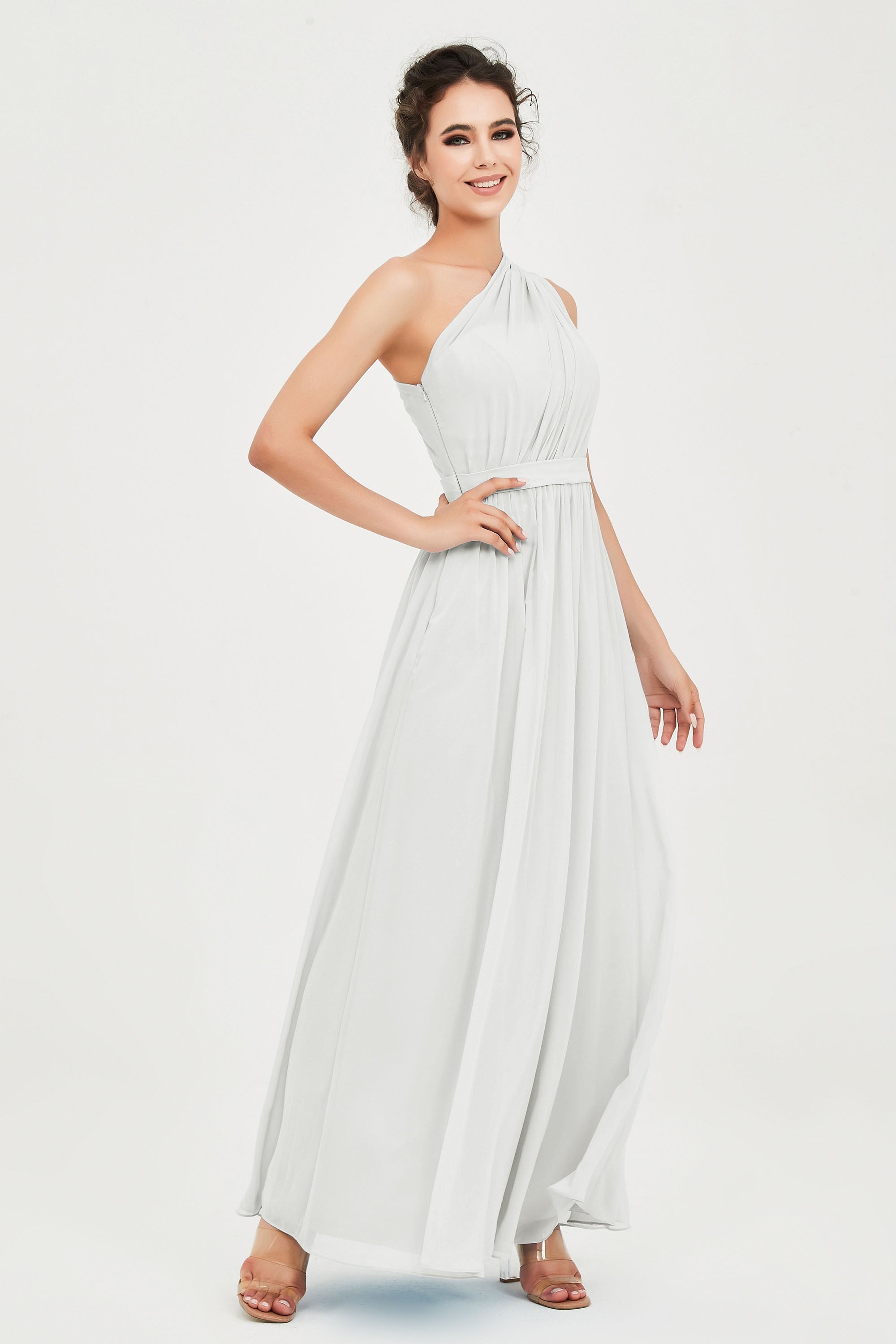 One Shoulder Chiffon Bridesmaid Dress Floor Length Ruched A Line Formal Evening Prom Gowns