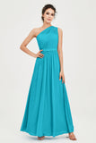 One Shoulder Chiffon Bridesmaid Dress Floor Length Ruched A Line Formal Evening Prom Gowns