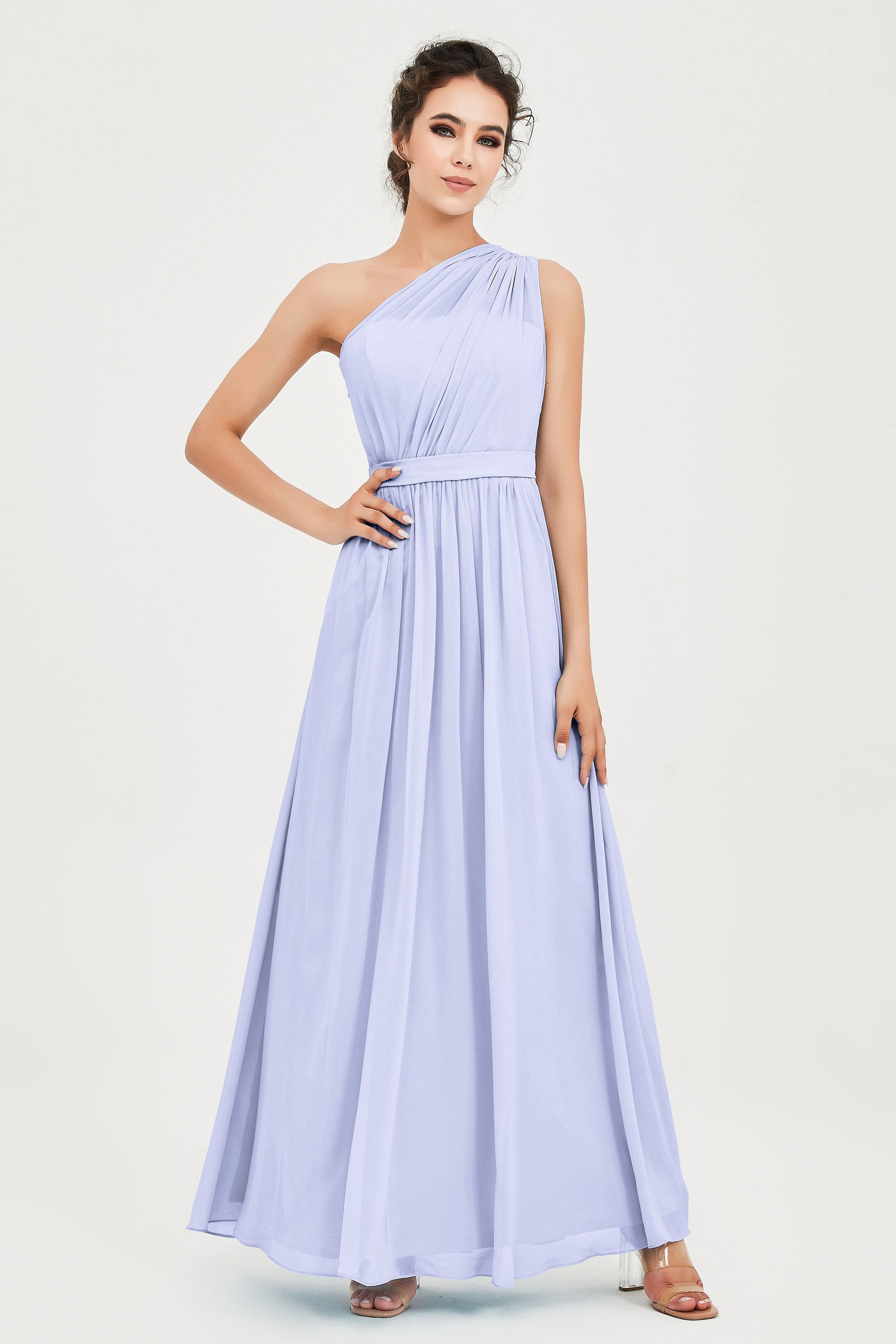 One Shoulder Chiffon Bridesmaid Dress Floor Length Ruched A Line Formal Evening Prom Gowns