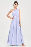 One Shoulder Chiffon Bridesmaid Dress Floor Length Ruched A Line Formal Evening Prom Gowns