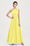 One Shoulder Chiffon Bridesmaid Dress Floor Length Ruched A Line Formal Evening Prom Gowns