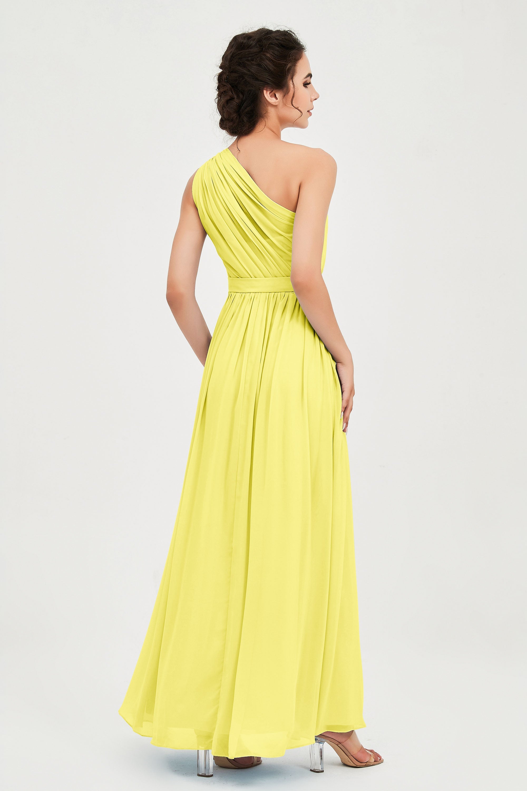 One Shoulder Chiffon Bridesmaid Dress Floor Length Ruched A Line Formal Evening Prom Gowns