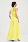 One Shoulder Chiffon Bridesmaid Dress Floor Length Ruched A Line Formal Evening Prom Gowns