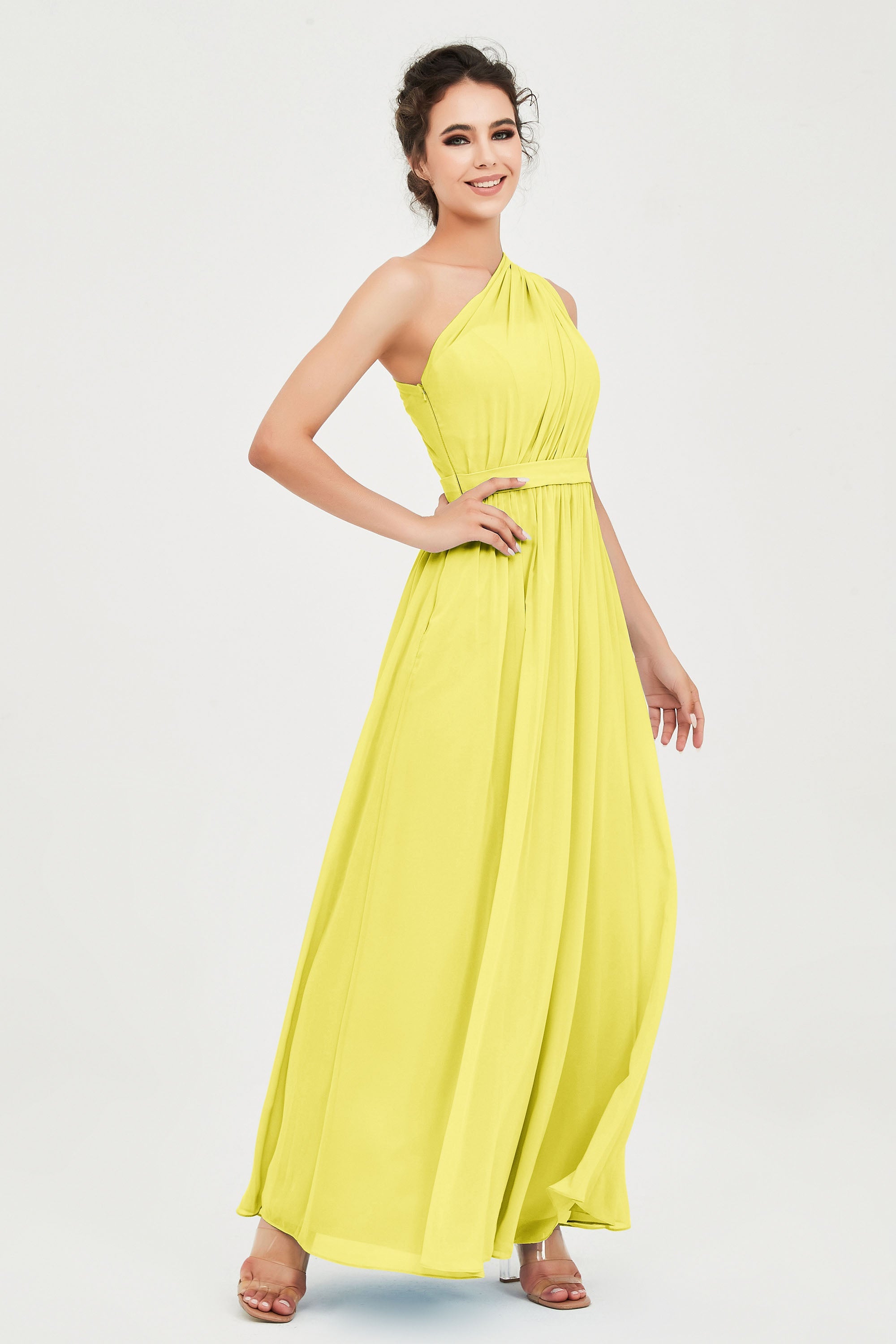 One Shoulder Chiffon Bridesmaid Dress Floor Length Ruched A Line Formal Evening Prom Gowns
