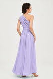 One Shoulder Chiffon Bridesmaid Dress Floor Length Ruched A Line Formal Evening Prom Gowns