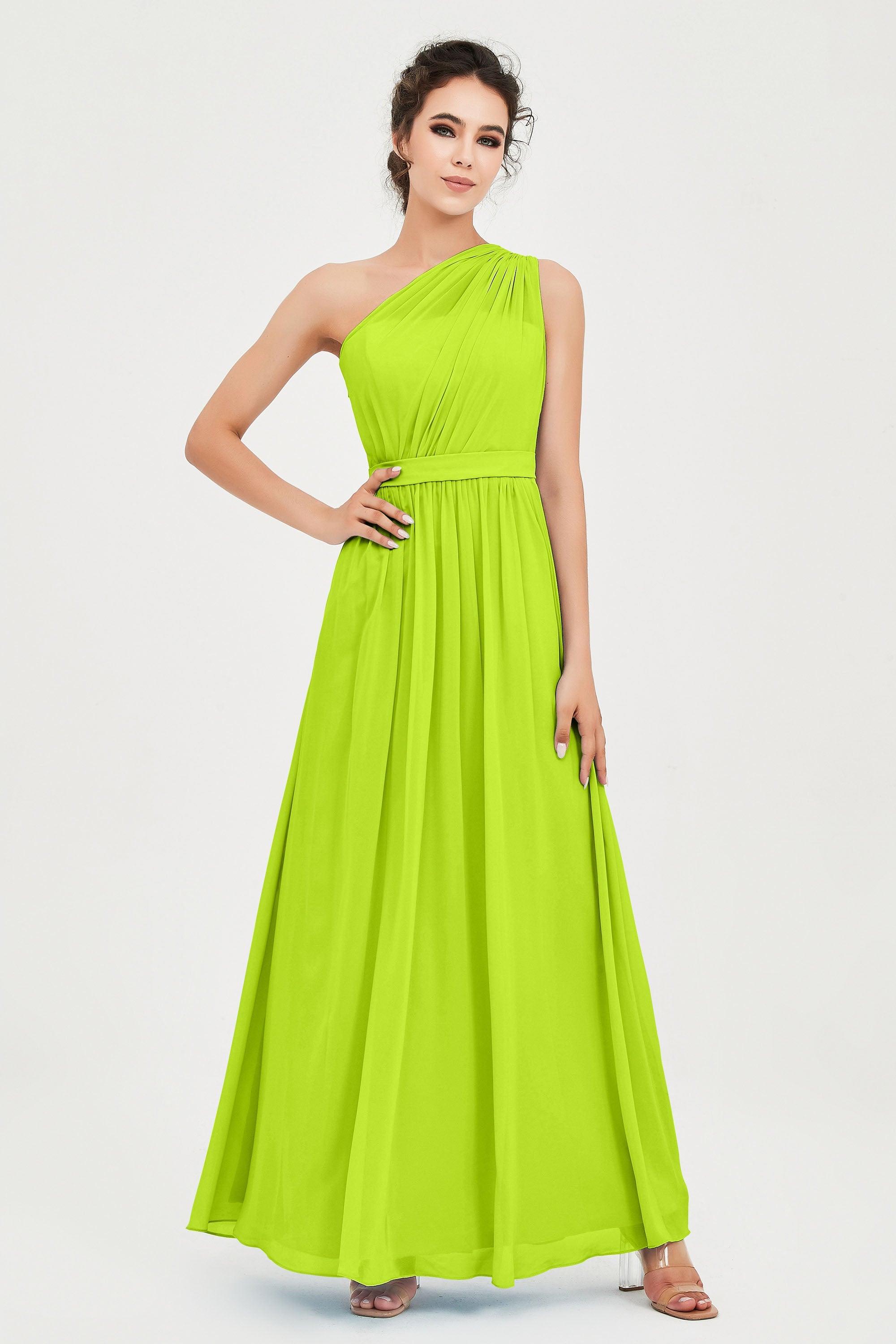 One Shoulder Chiffon Bridesmaid Dress Floor Length Ruched A Line Formal Evening Prom Gowns
