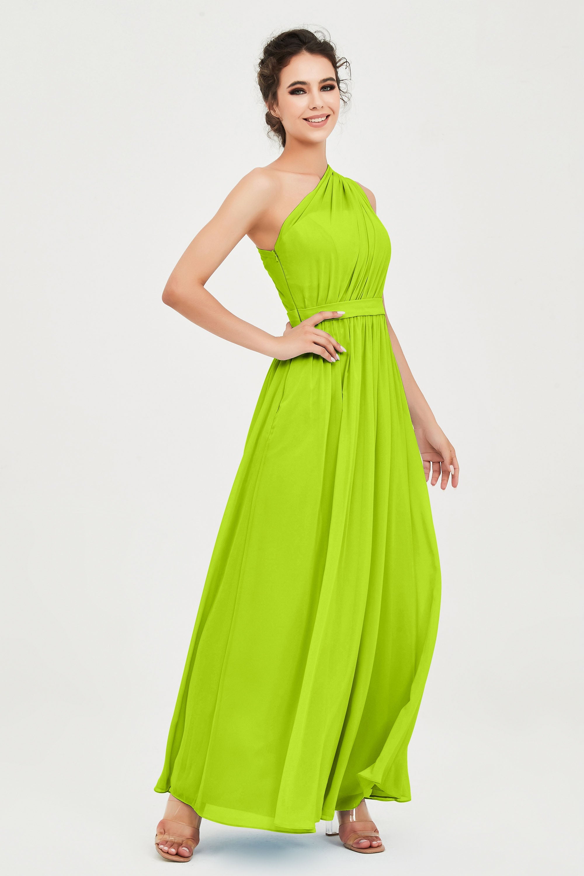 One Shoulder Chiffon Bridesmaid Dress Floor Length Ruched A Line Formal Evening Prom Gowns