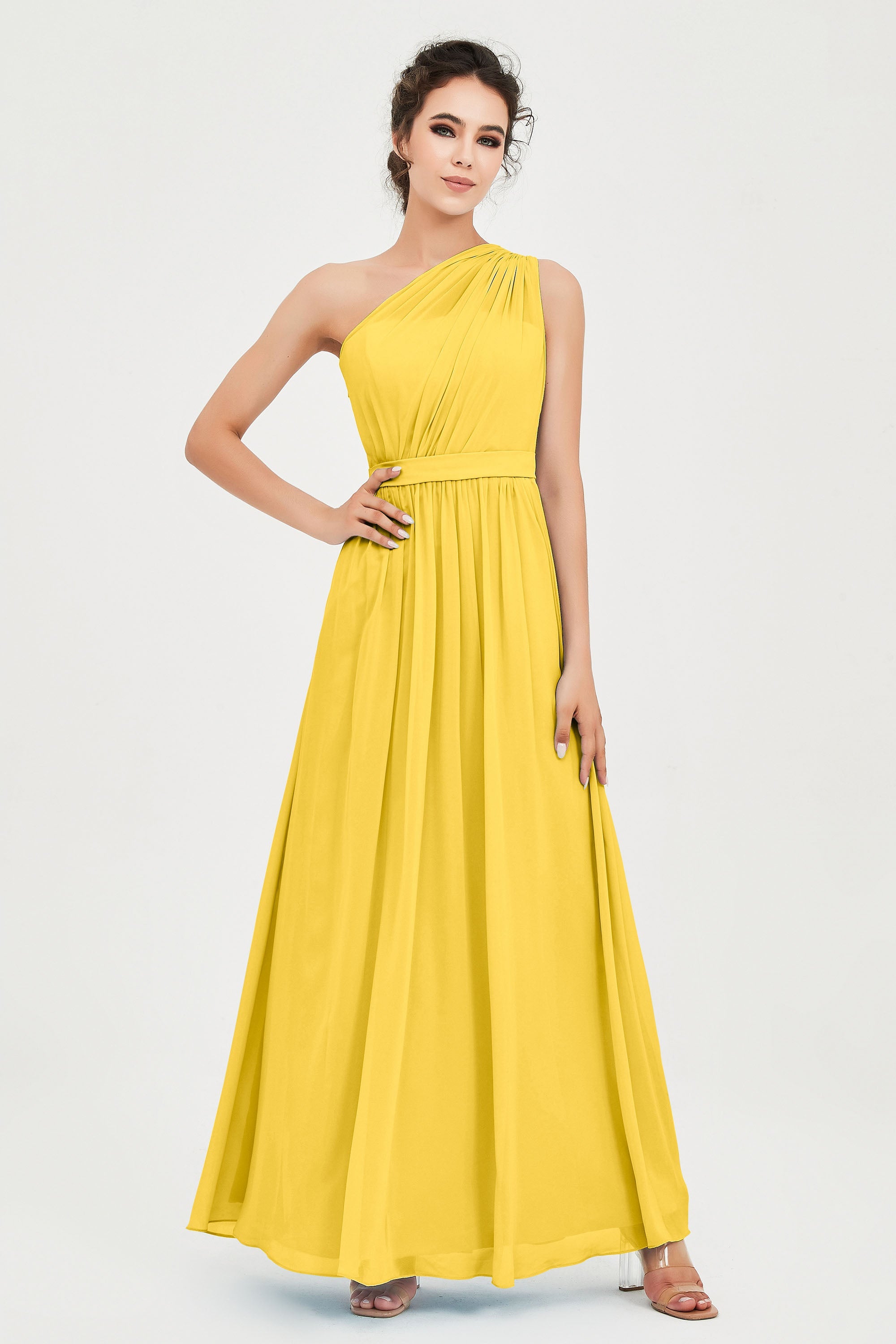 One Shoulder Chiffon Bridesmaid Dress Floor Length Ruched A Line Formal Evening Prom Gowns