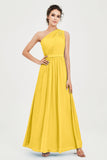 One Shoulder Chiffon Bridesmaid Dress Floor Length Ruched A Line Formal Evening Prom Gowns