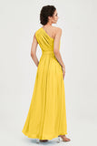 One Shoulder Chiffon Bridesmaid Dress Floor Length Ruched A Line Formal Evening Prom Gowns