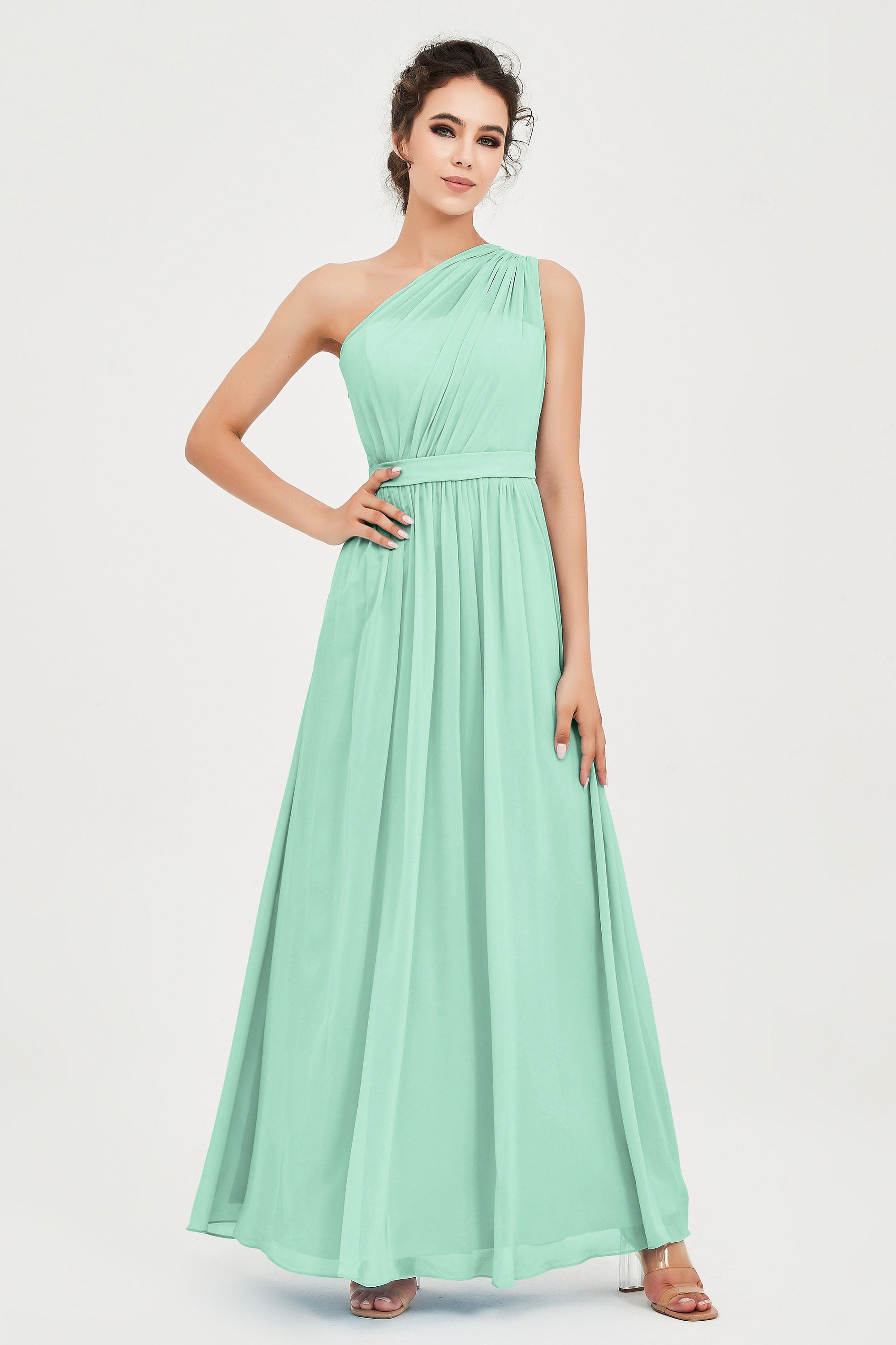 One Shoulder Chiffon Bridesmaid Dress Floor Length Ruched A Line Formal Evening Prom Gowns