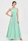 One Shoulder Chiffon Bridesmaid Dress Floor Length Ruched A Line Formal Evening Prom Gowns