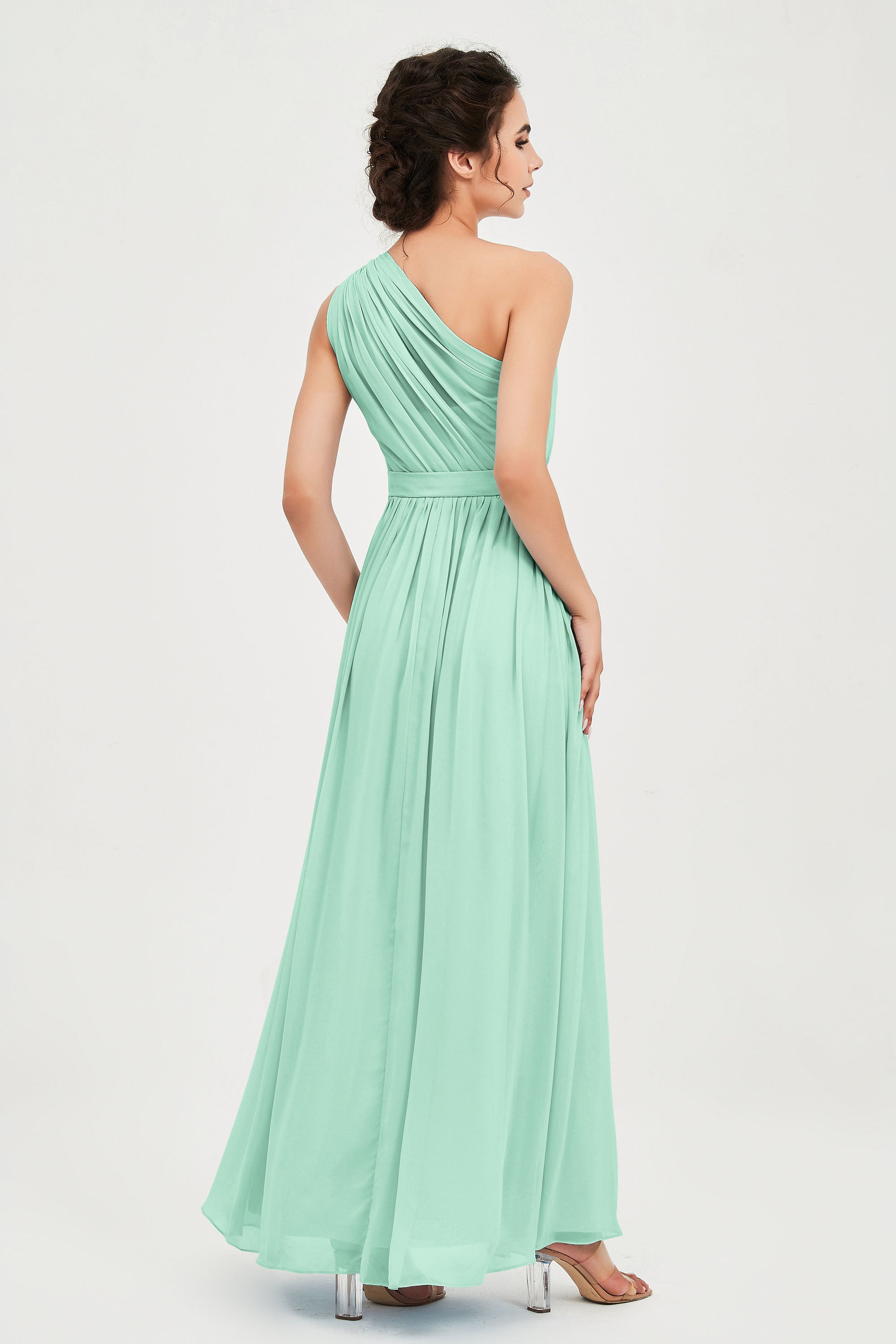 One Shoulder Chiffon Bridesmaid Dress Floor Length Ruched A Line Formal Evening Prom Gowns