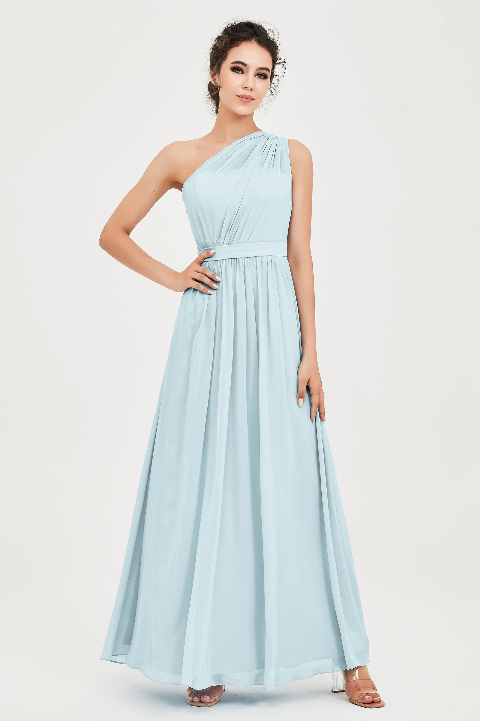 One Shoulder Chiffon Bridesmaid Dress Floor Length Ruched A Line Formal Evening Prom Gowns