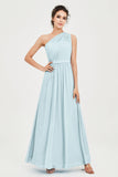 One Shoulder Chiffon Bridesmaid Dress Floor Length Ruched A Line Formal Evening Prom Gowns