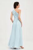 One Shoulder Chiffon Bridesmaid Dress Floor Length Ruched A Line Formal Evening Prom Gowns