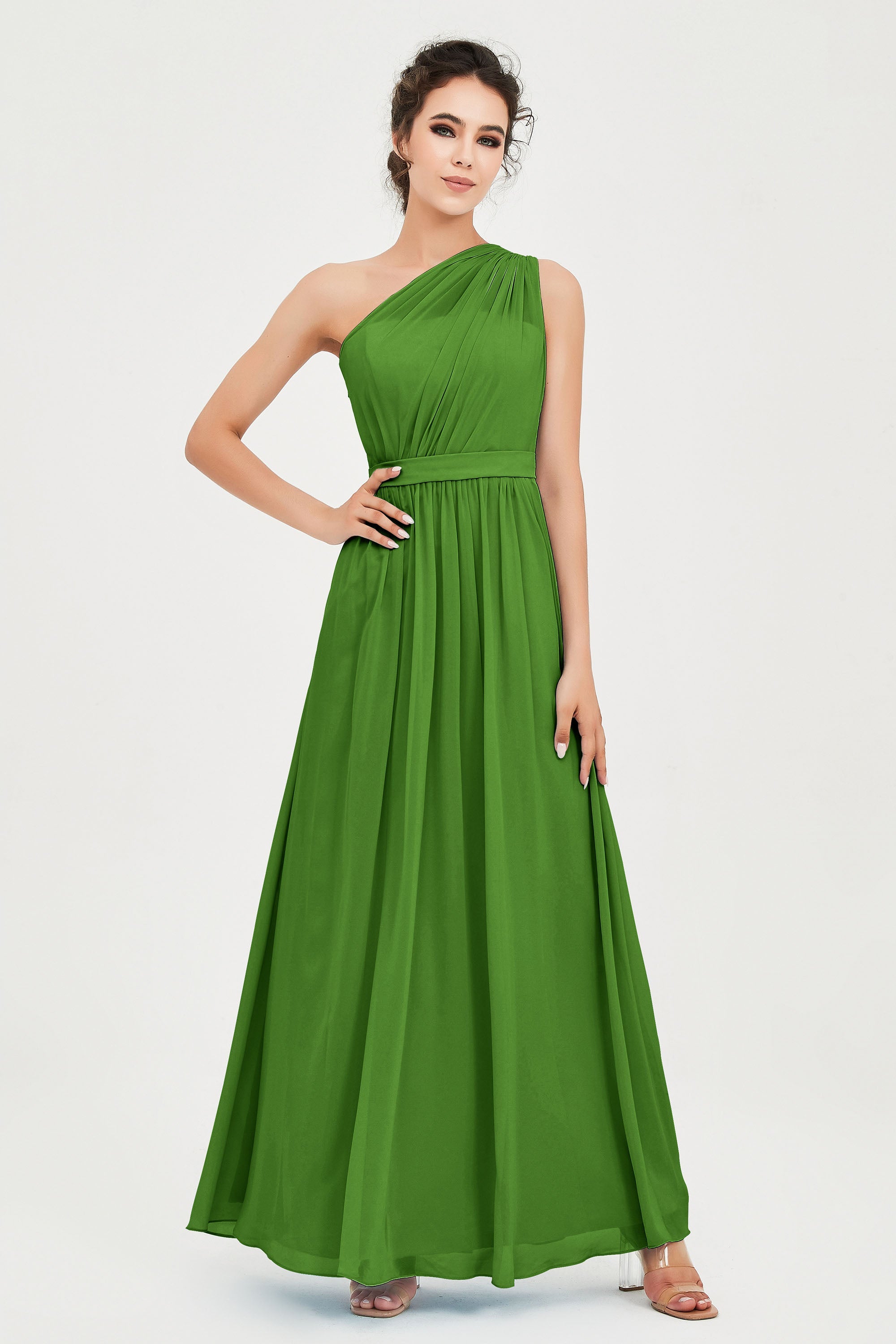 One Shoulder Chiffon Bridesmaid Dress Floor Length Ruched A Line Formal Evening Prom Gowns