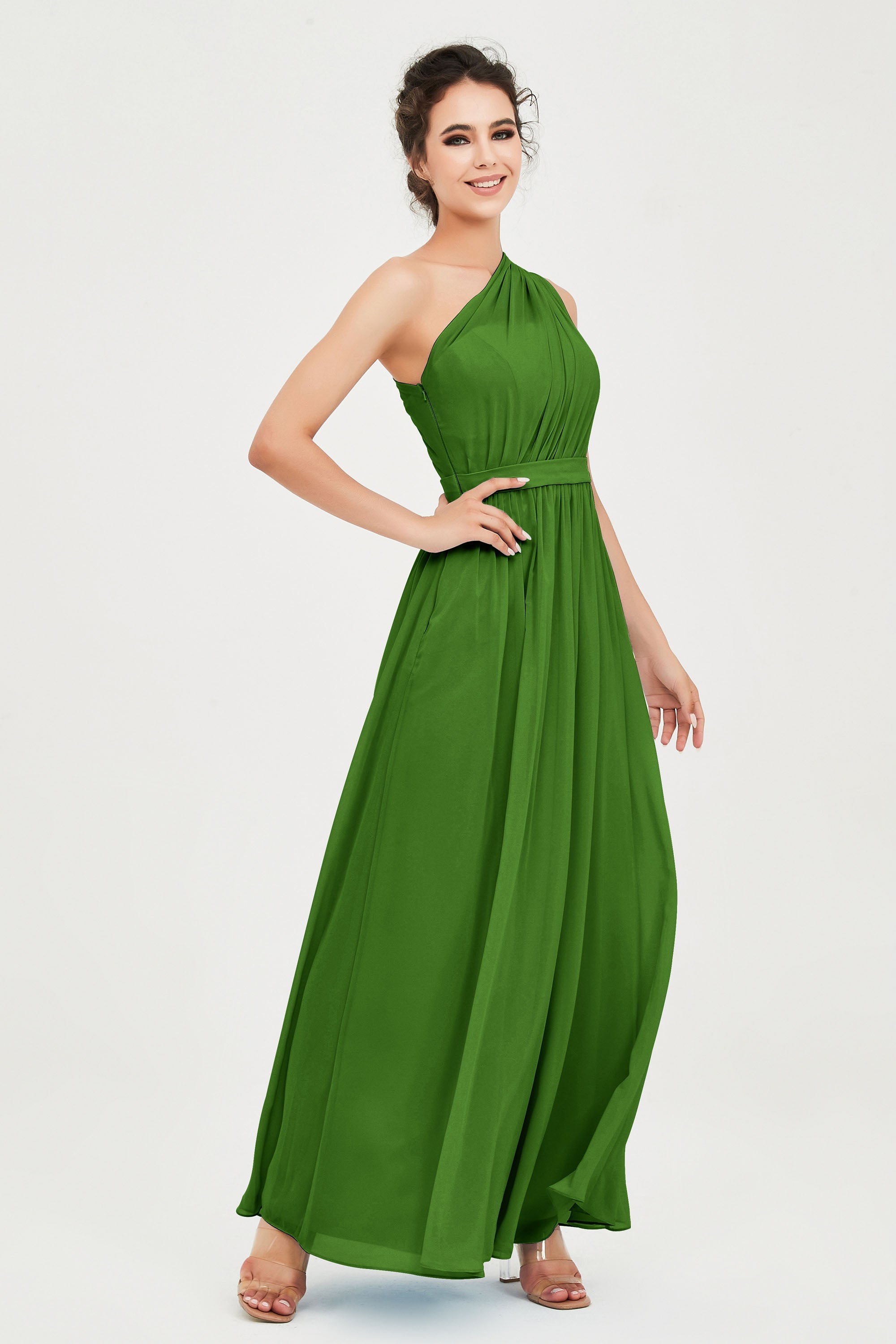 One Shoulder Chiffon Bridesmaid Dress Floor Length Ruched A Line Formal Evening Prom Gowns