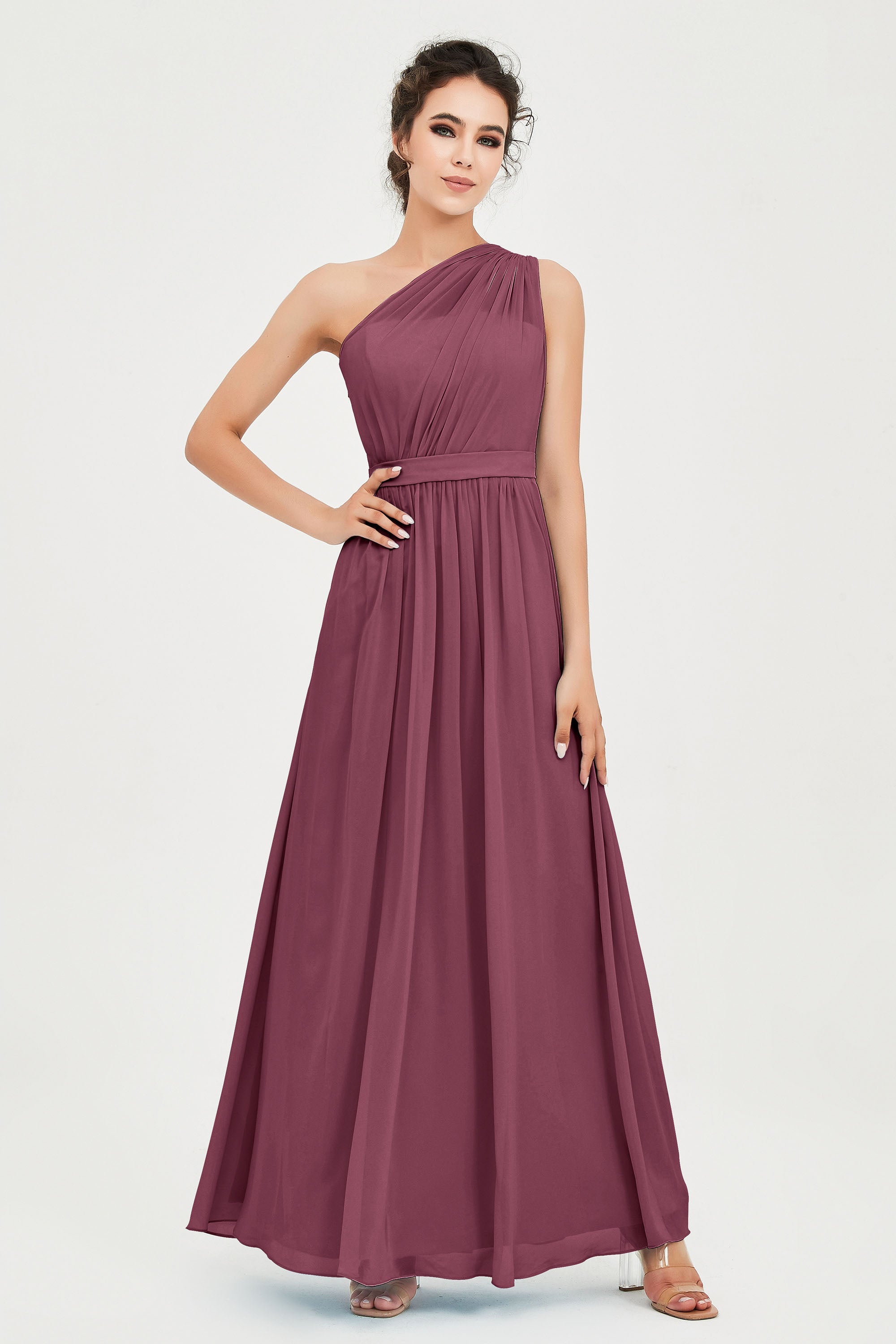 One Shoulder Chiffon Bridesmaid Dress Floor Length Ruched A Line Formal Evening Prom Gowns