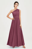 One Shoulder Chiffon Bridesmaid Dress Floor Length Ruched A Line Formal Evening Prom Gowns