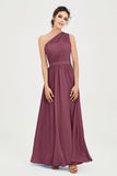 One Shoulder Chiffon Bridesmaid Dress Floor Length Ruched A Line Formal Evening Prom Gowns
