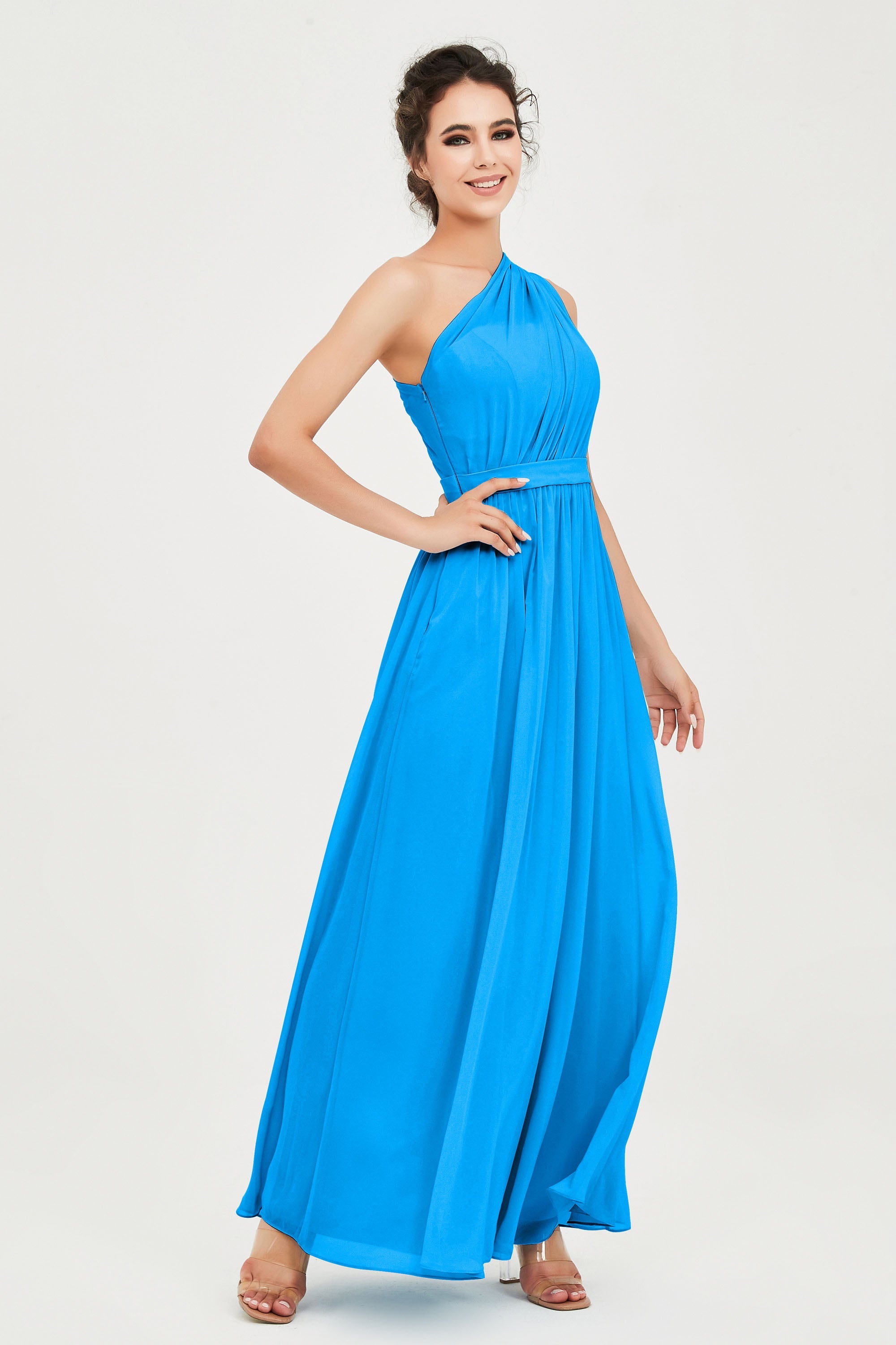 One Shoulder Chiffon Bridesmaid Dress Floor Length Ruched A Line Formal Evening Prom Gowns