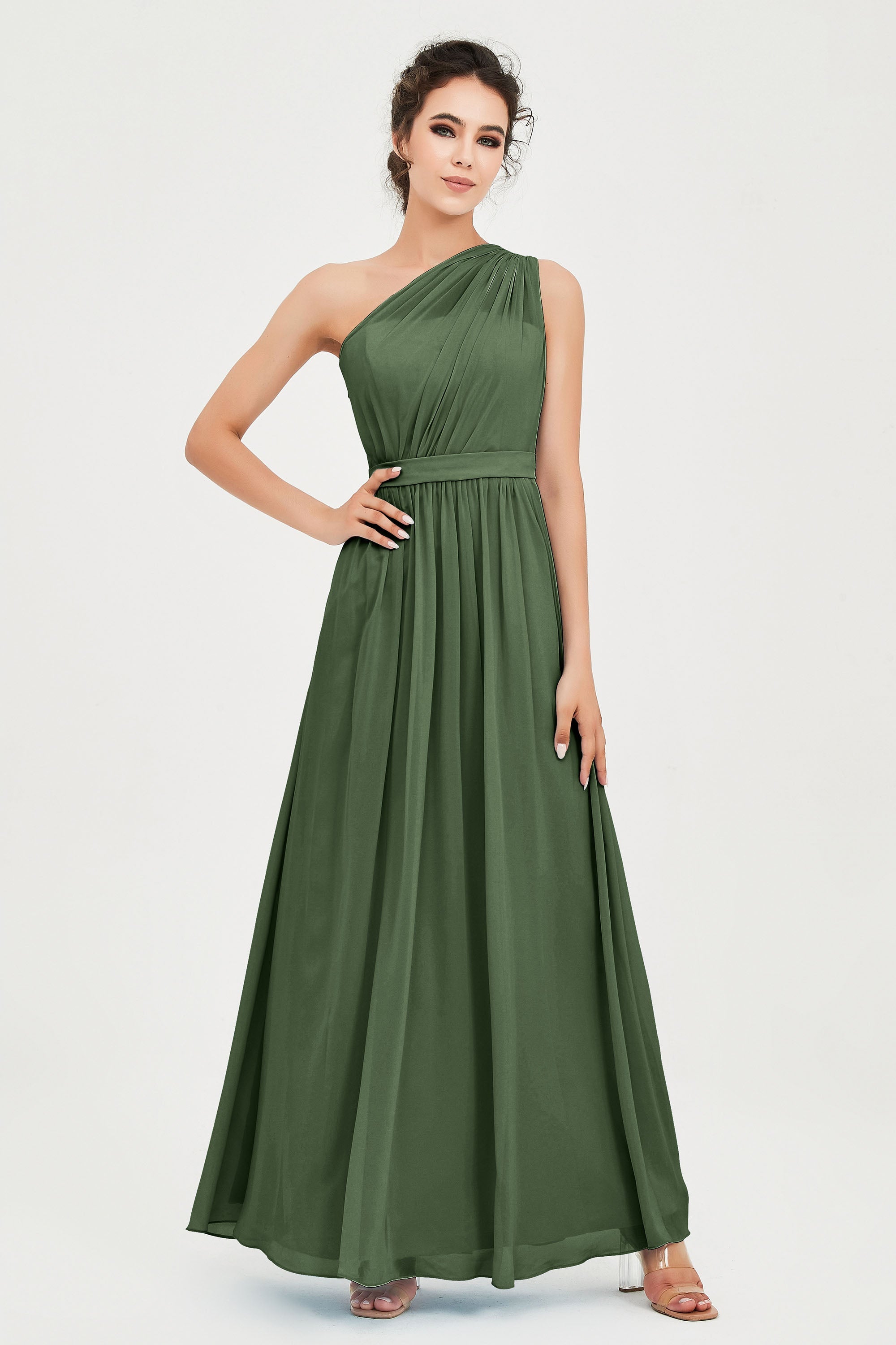 One Shoulder Chiffon Bridesmaid Dress Floor Length Ruched A Line Formal Evening Prom Gowns