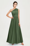 One Shoulder Chiffon Bridesmaid Dress Floor Length Ruched A Line Formal Evening Prom Gowns