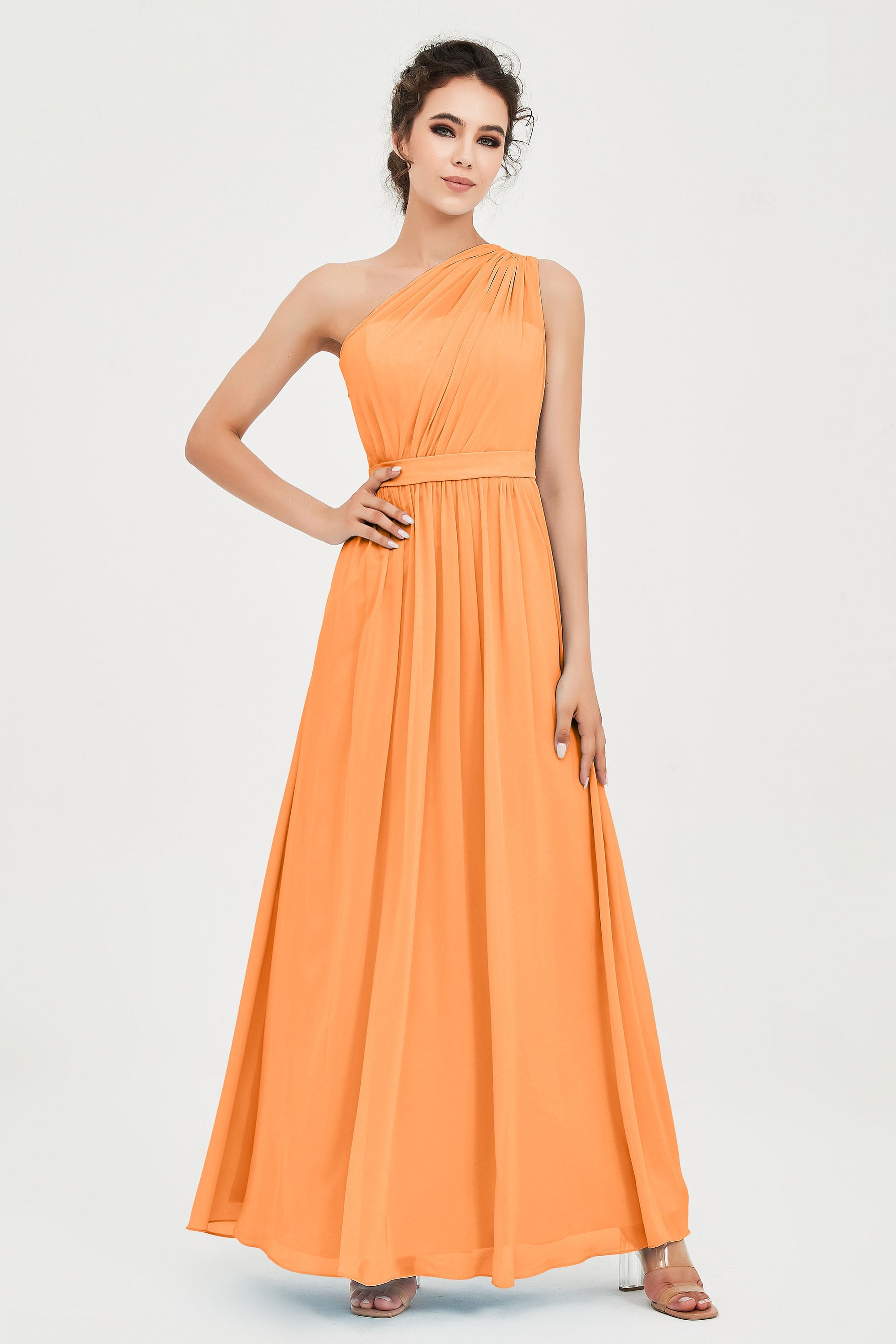 One Shoulder Chiffon Bridesmaid Dress Floor Length Ruched A Line Formal Evening Prom Gowns