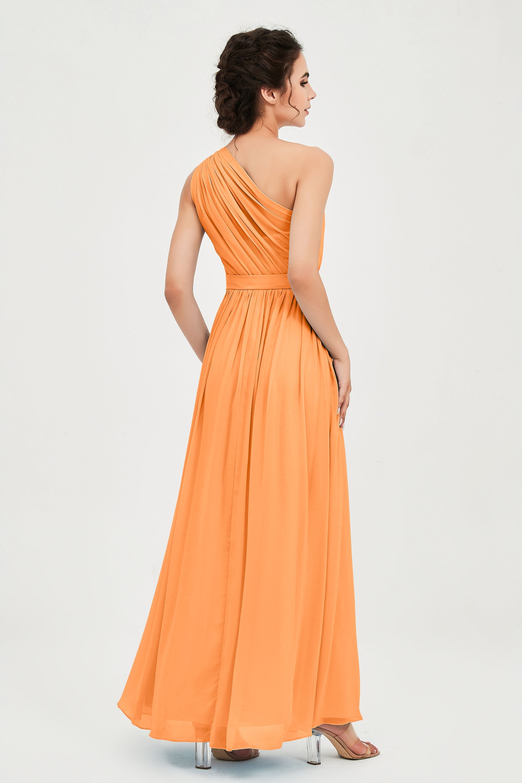 One Shoulder Chiffon Bridesmaid Dress Floor Length Ruched A Line Formal Evening Prom Gowns